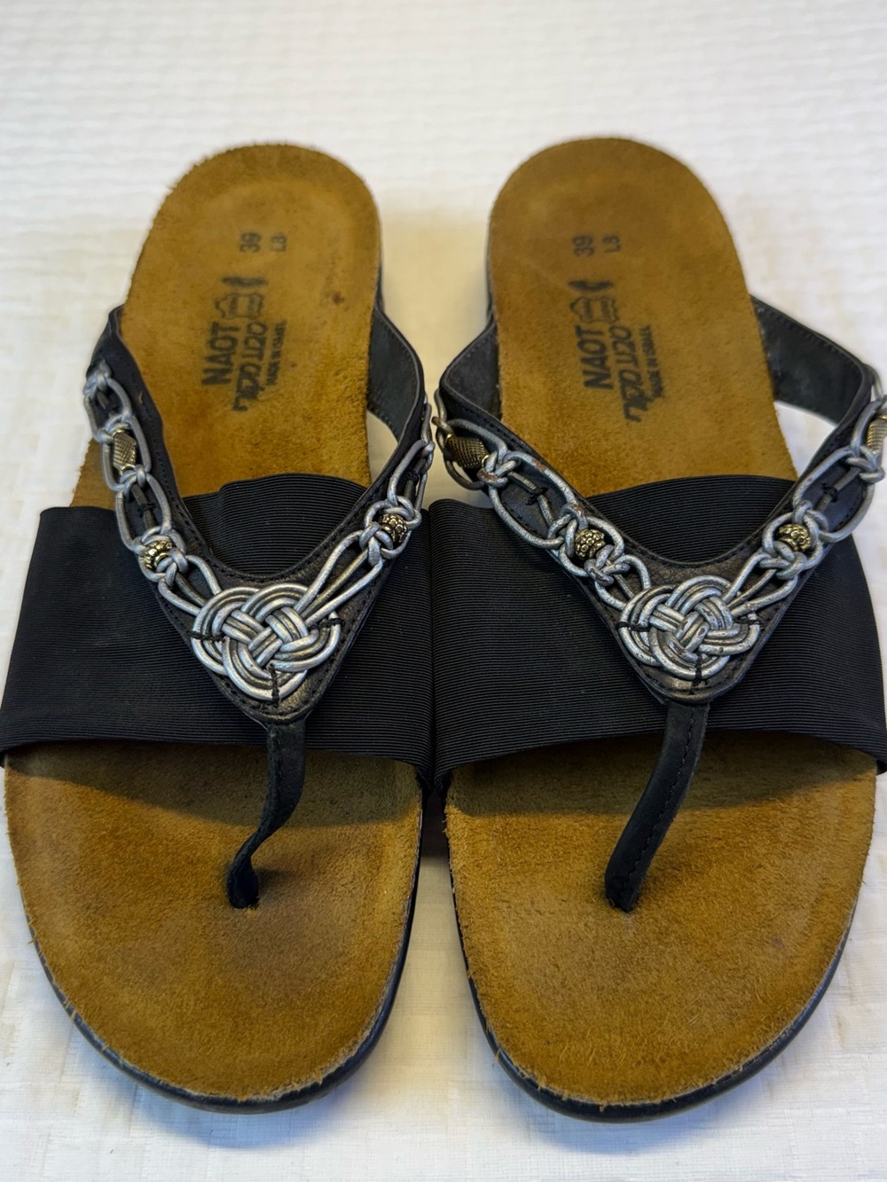 Naot Black Thong Sandals with Silver Braided Accent Size “39” 8-8.5